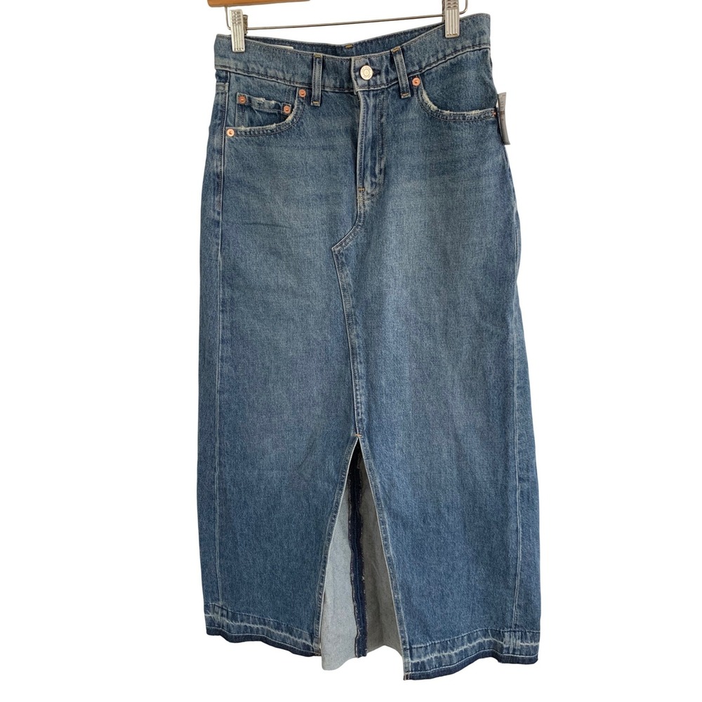 Gap‎ Women Blue Denim Maxi Skirt Medium Front Slit Raw Hem 27/4 711766-00-1